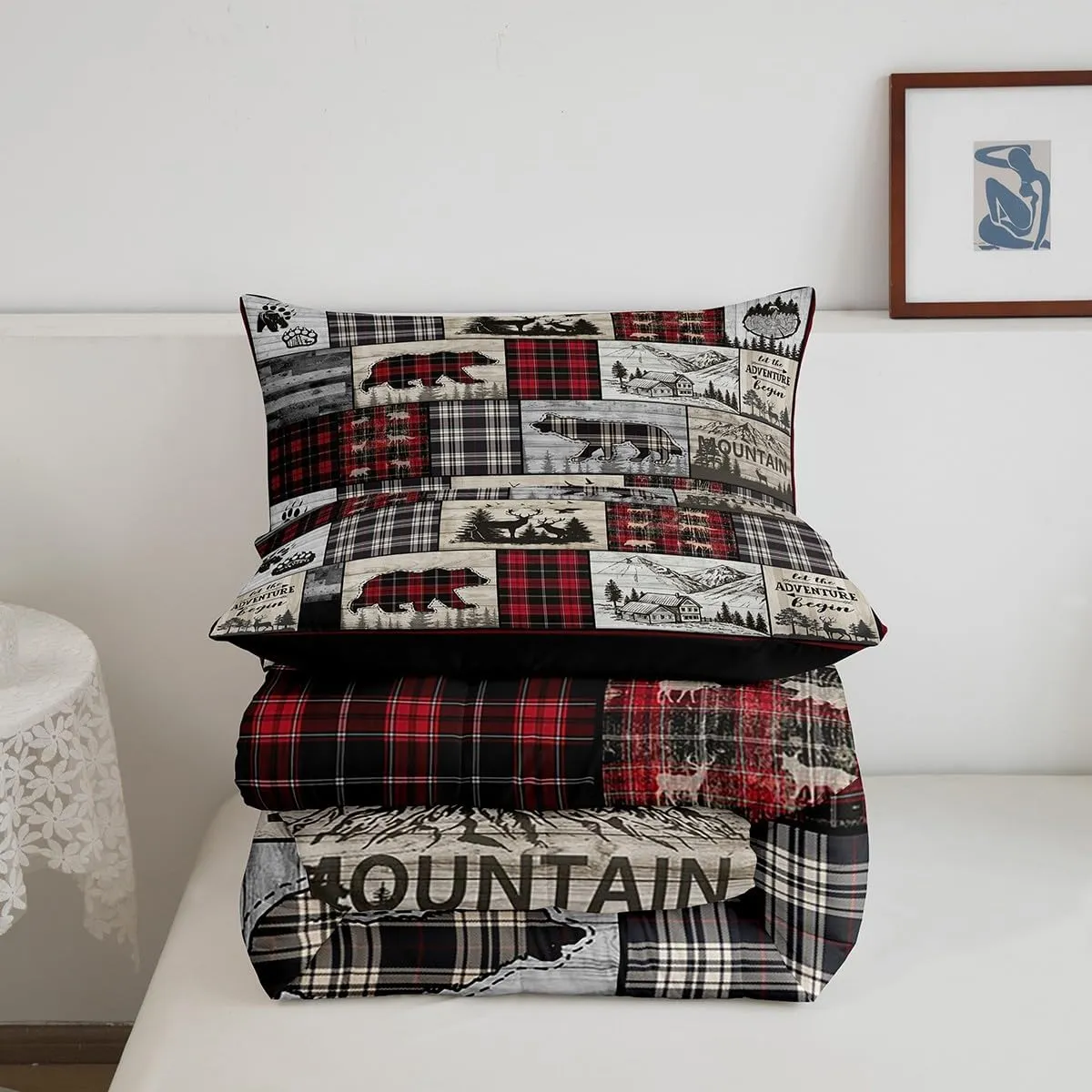 Rustic Cabin Comforter Set Full Woodland Wolf Deer Bear Comforter For Kids Adults,Red Black Buffalo Plaid Bedding Set Wildlife Camping Lodge Mountain Quilt Bedding Southwestern Farmhouse Decor
