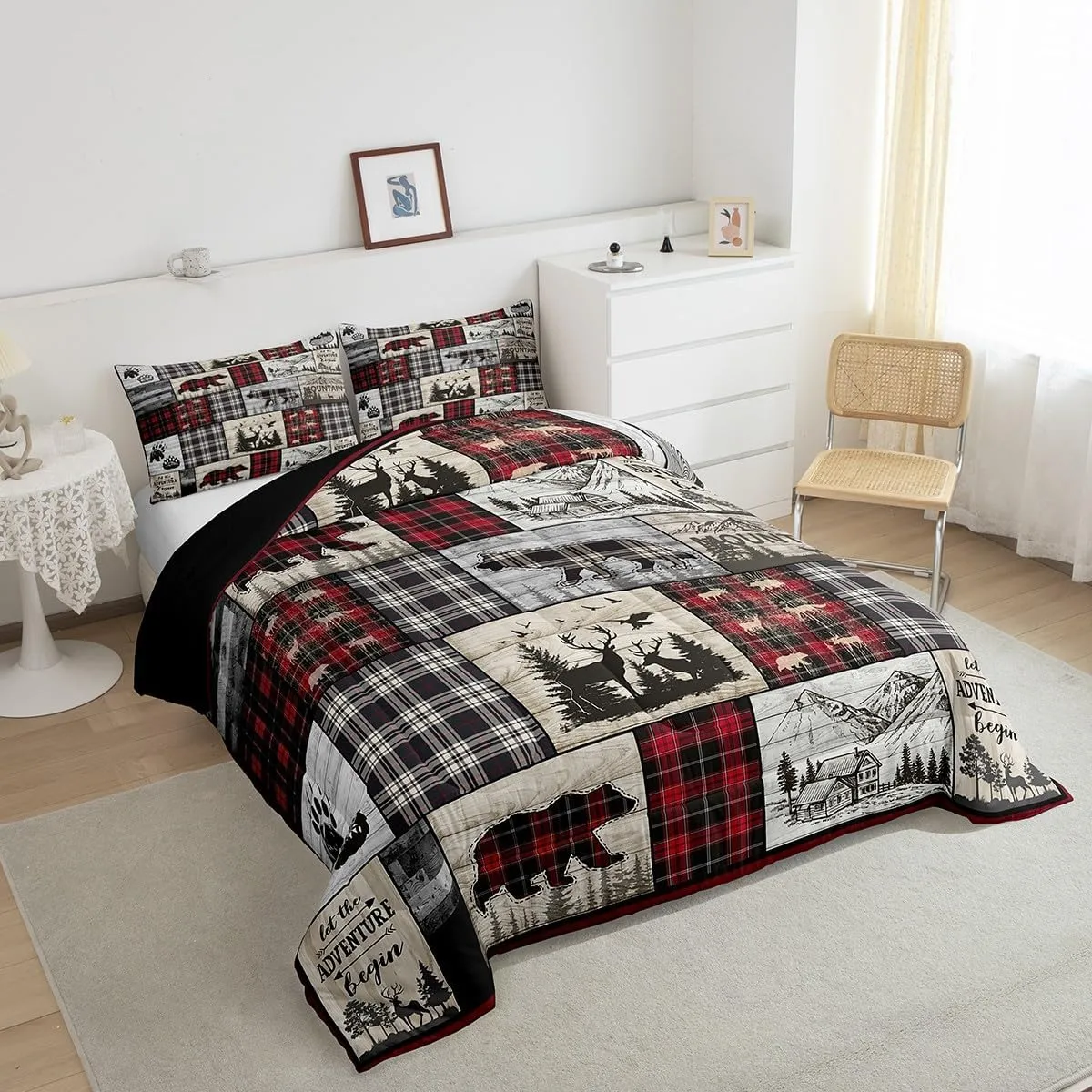 Rustic Cabin Comforter Set Full Woodland Wolf Deer Bear Comforter For Kids Adults,Red Black Buffalo Plaid Bedding Set Wildlife Camping Lodge Mountain Quilt Bedding Southwestern Farmhouse Decor