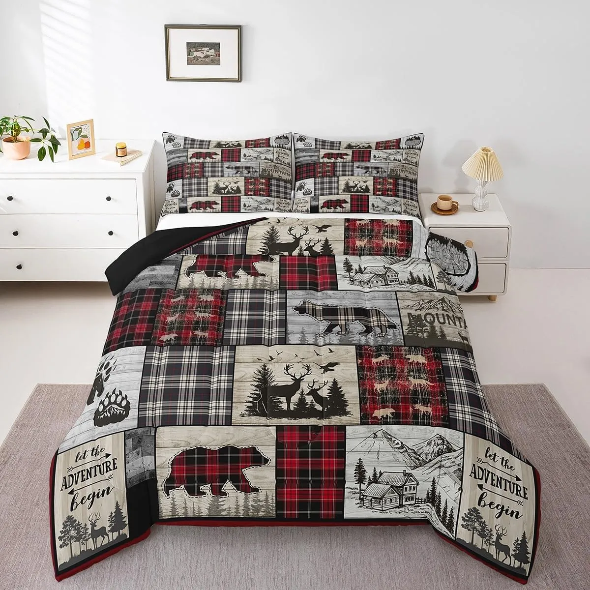 Rustic Cabin Comforter Set Full Woodland Wolf Deer Bear Comforter For Kids Adults,Red Black Buffalo Plaid Bedding Set Wildlife Camping Lodge Mountain Quilt Bedding Southwestern Farmhouse Decor