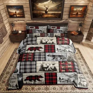 Rustic Cabin Comforter Set Full Woodland Wolf Deer Bear Comforter For Kids Adults,Red Black Buffalo Plaid Bedding Set Wildlife Camping Lodge Mountain Quilt Bedding Southwestern Farmhouse Decor