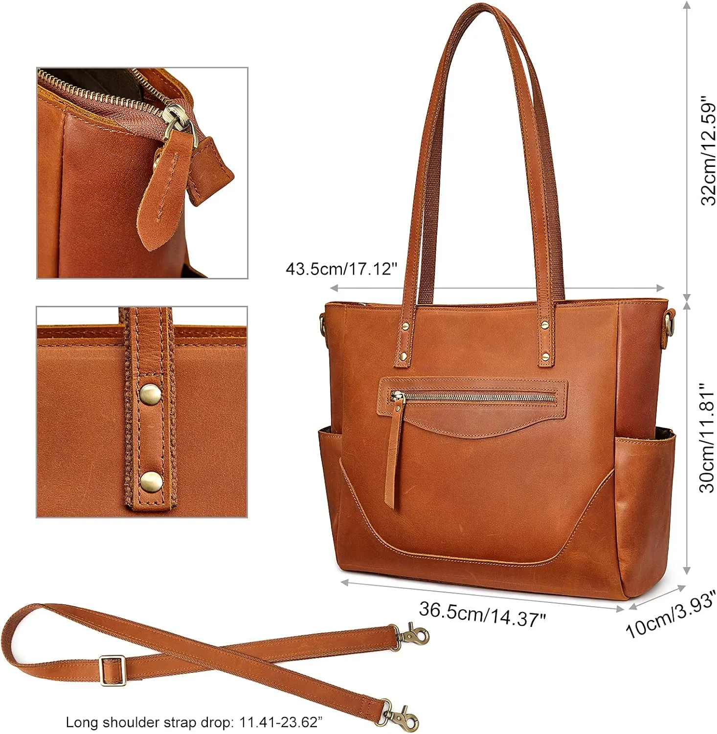 S-ZONE Genuine Leather Tote Bag for Women Large Shoulder Purses Work Handbags with Crossbody Strap Vintage