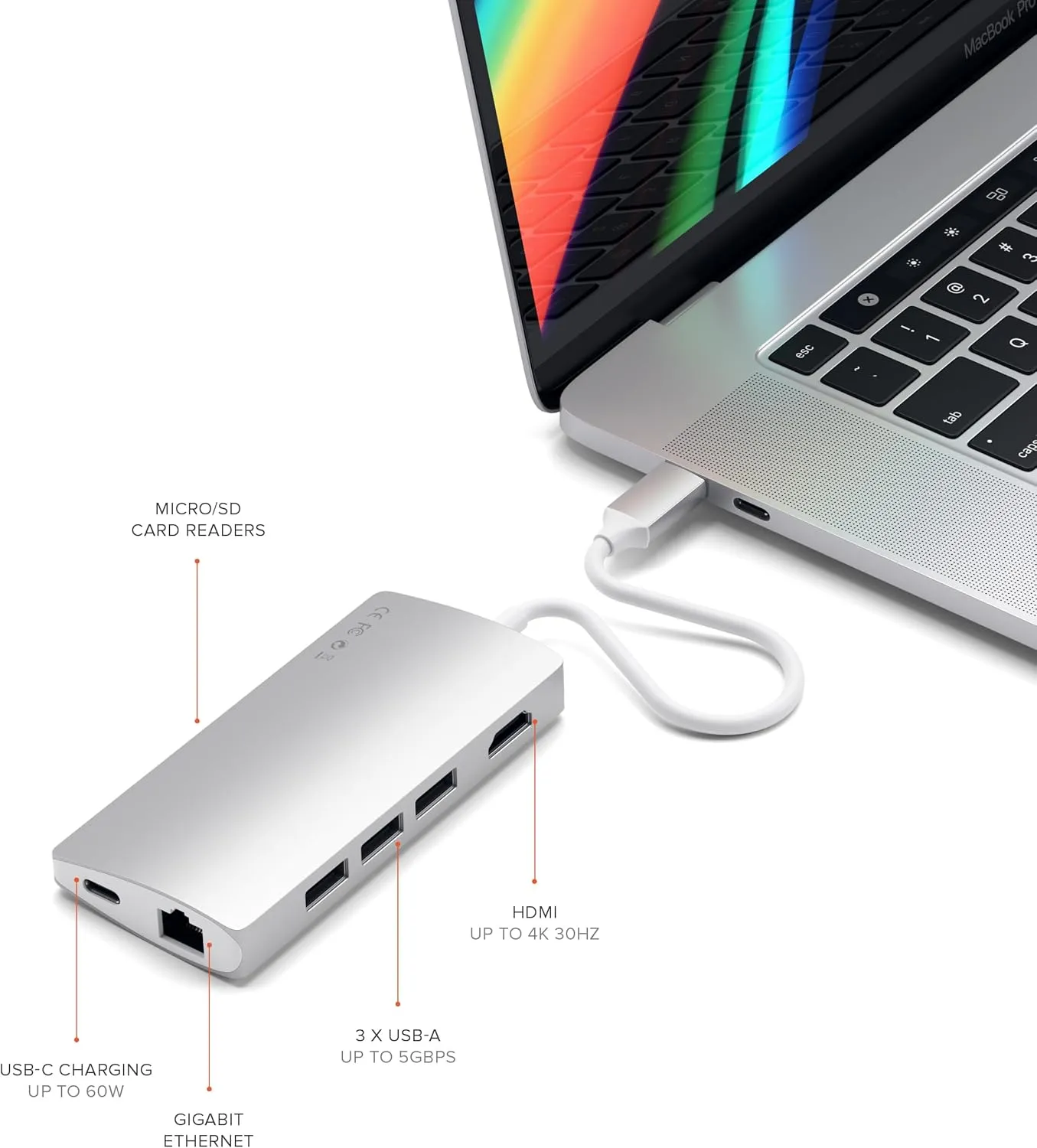 Satechi USB C Hub Multiport Adapter V2, with 4K HDMI, 60W USB C PD Charging, 3 USB-A, Ethernet, Micro/SD Card Readers, for MacBook Pro/Air & Windows - Silver