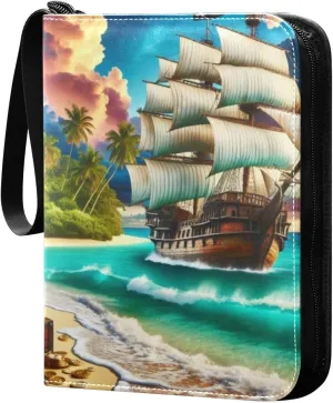 Sea Pirate Ship Card Binder 4 Pocket Trading Card Album Fits 400 Sports/Game Cards, PU Cover 3 Ring Card Collection with 50 Removable Sleeves