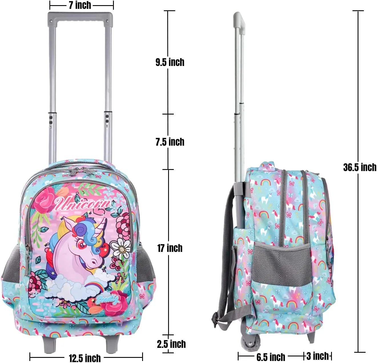seastig Rolling Backpack 18in Double Handle Backpack Kids Wheeled Backpack Roller Backpack with Lunch Bag Set Girls Boys