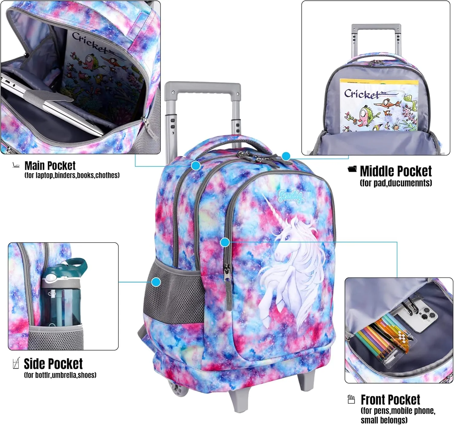 seastig Rolling Backpack 18in Double Handle Backpack Kids Wheeled Backpack Roller Backpack with Lunch Bag Set Girls Boys
