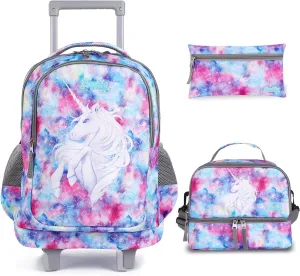 seastig Rolling Backpack 18in Double Handle Backpack Kids Wheeled Backpack Roller Backpack with Lunch Bag Set Girls Boys