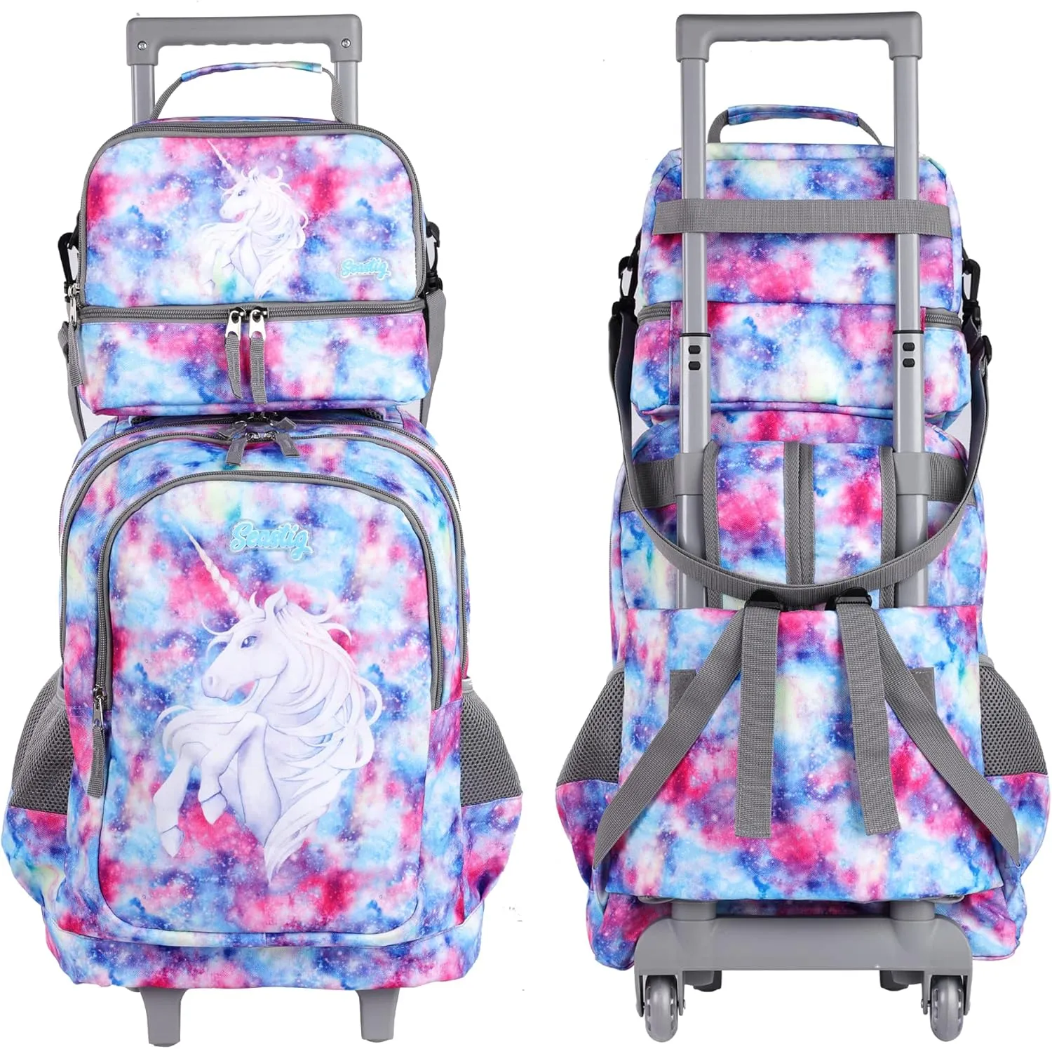 seastig Rolling Backpack 18in Double Handle Backpack Kids Wheeled Backpack Roller Backpack with Lunch Bag Set Girls Boys