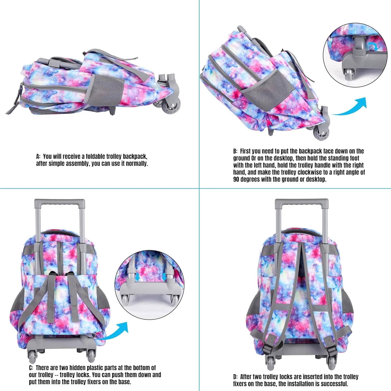seastig Rolling Backpack 18in Double Handle Backpack Kids Wheeled Backpack Roller Backpack with Lunch Bag Set Girls Boys