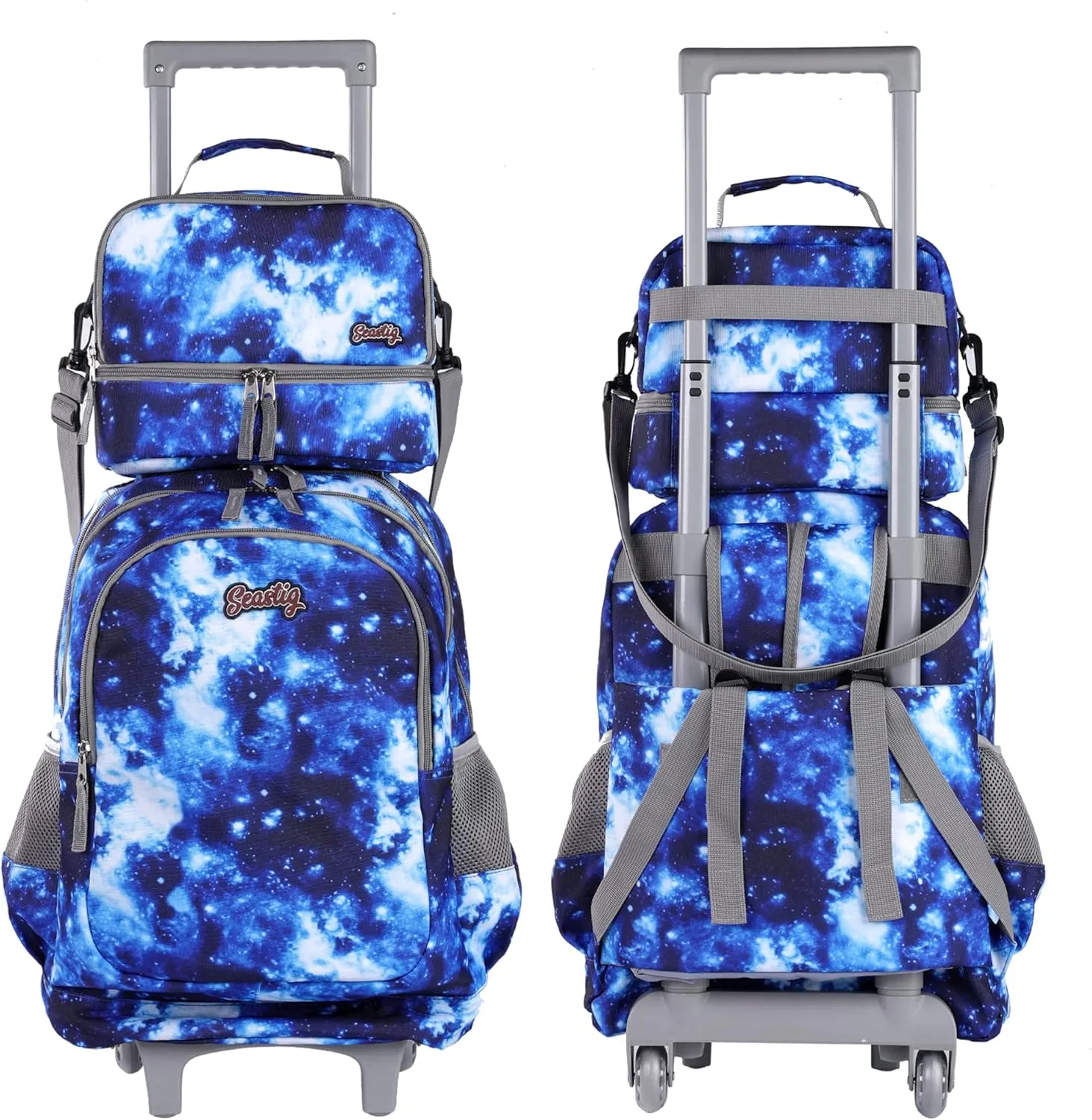 seastig Rolling Backpack 18in Double Handle Backpack Kids Wheeled Backpack Roller Backpack with Lunch Bag Set Girls Boys
