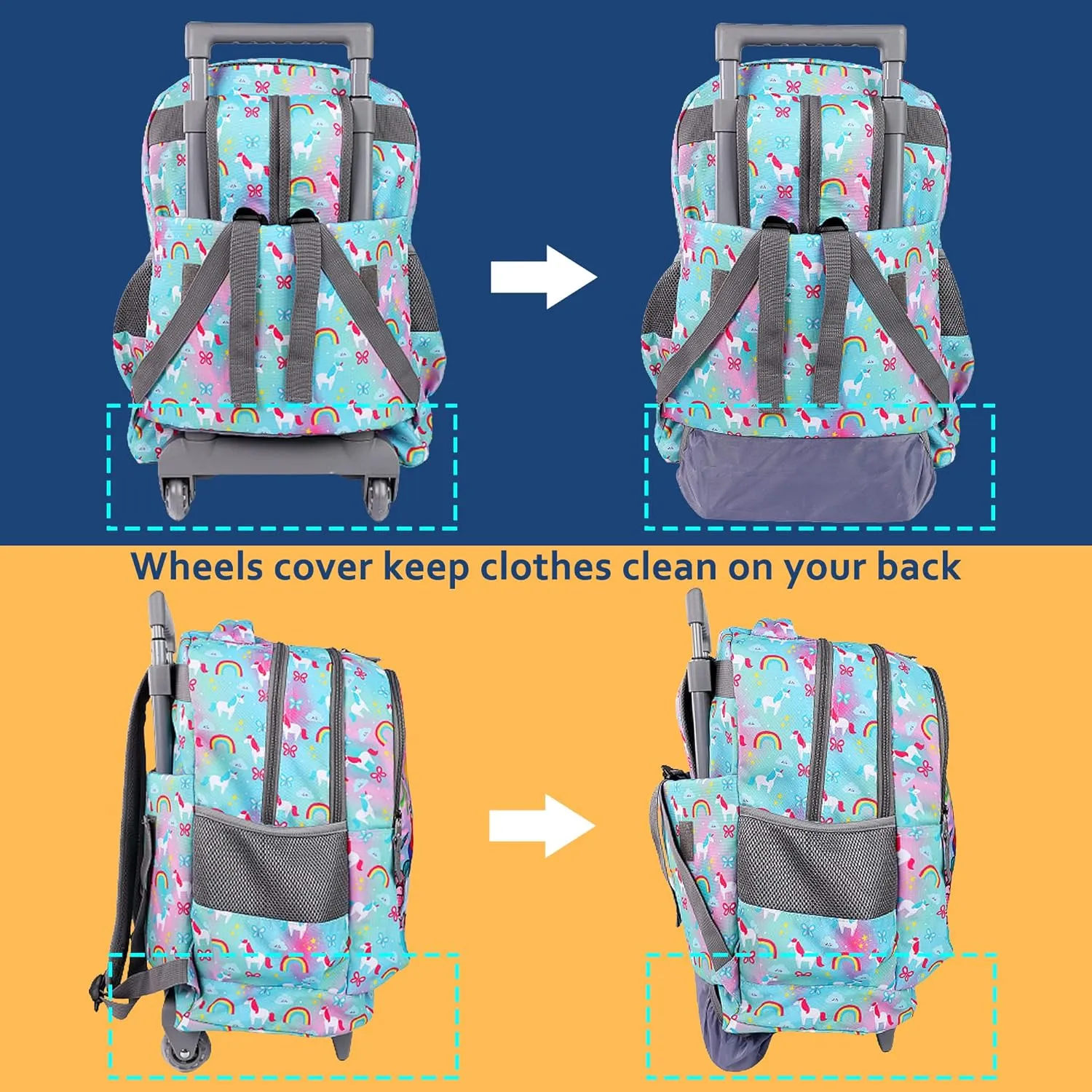seastig Rolling Backpack 18in Double Handle Backpack Kids Wheeled Backpack Roller Backpack with Lunch Bag Set Girls Boys