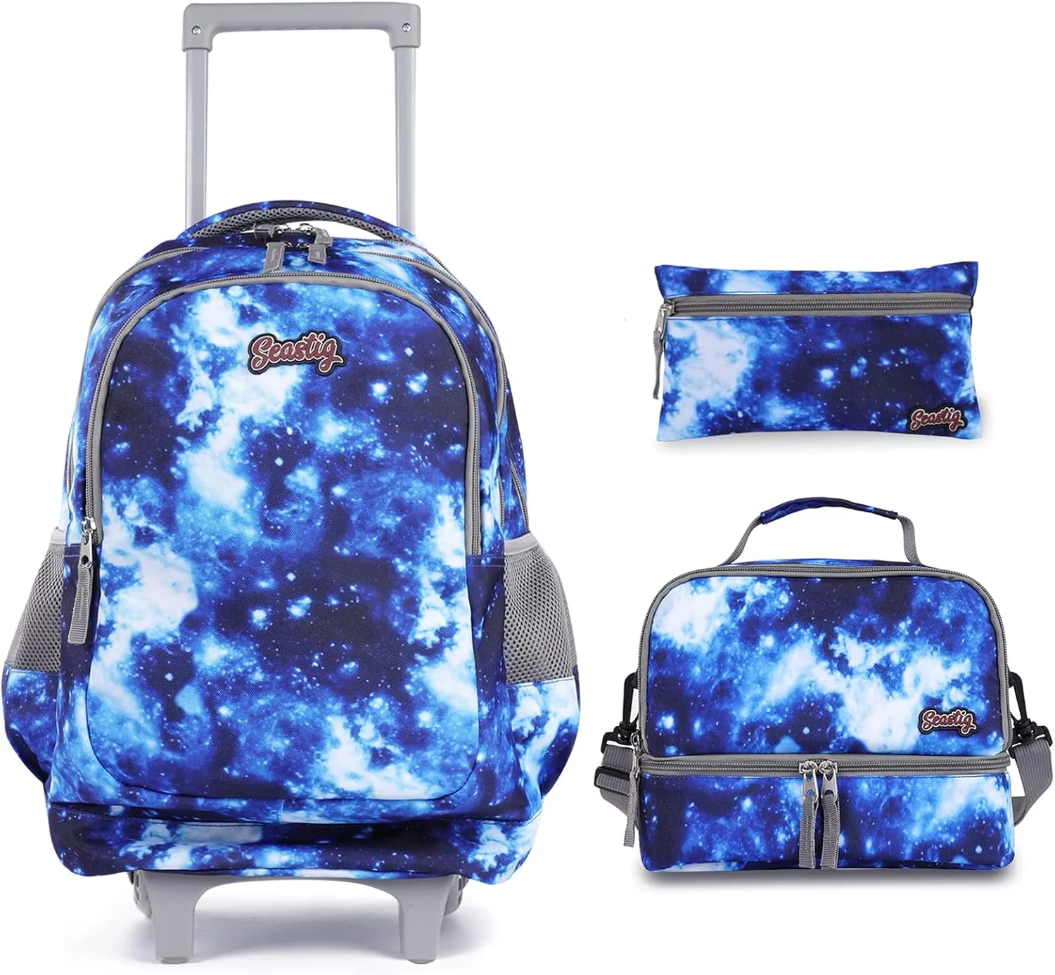 seastig Rolling Backpack 18in Double Handle Backpack Kids Wheeled Backpack Roller Backpack with Lunch Bag Set Girls Boys