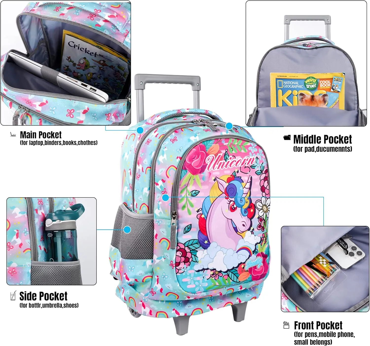 seastig Rolling Backpack 18in Double Handle Backpack Kids Wheeled Backpack Roller Backpack with Lunch Bag Set Girls Boys