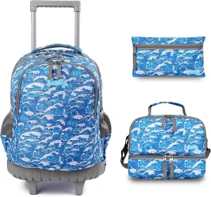 seastig Rolling Backpack 18in Double Handle Backpack Kids Wheeled Backpack Roller Backpack with Lunch Bag Set Girls Boys