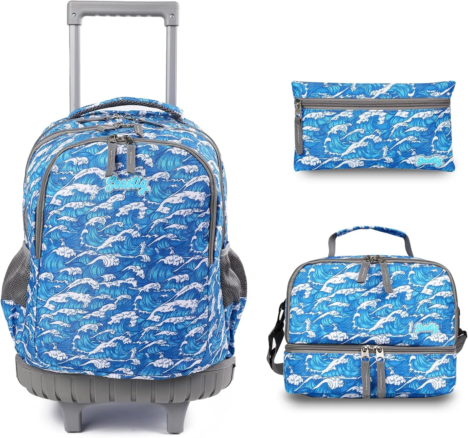 seastig Rolling Backpack 18in Double Handle Backpack Kids Wheeled Backpack Roller Backpack with Lunch Bag Set Girls Boys