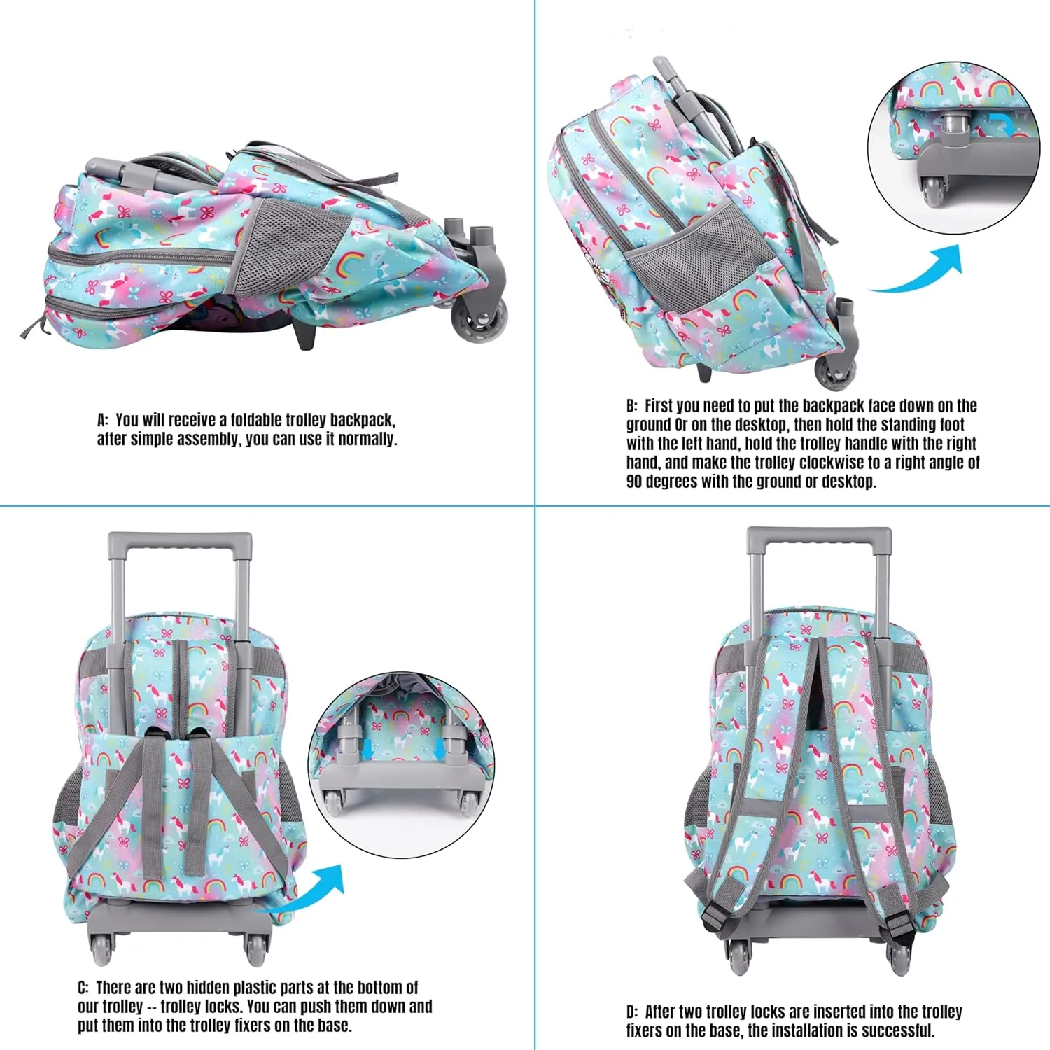 seastig Rolling Backpack 18in Double Handle Backpack Kids Wheeled Backpack Roller Backpack with Lunch Bag Set Girls Boys