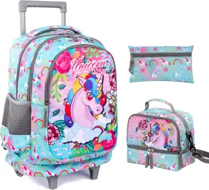 seastig Rolling Backpack 18in Double Handle Backpack Kids Wheeled Backpack Roller Backpack with Lunch Bag Set Girls Boys