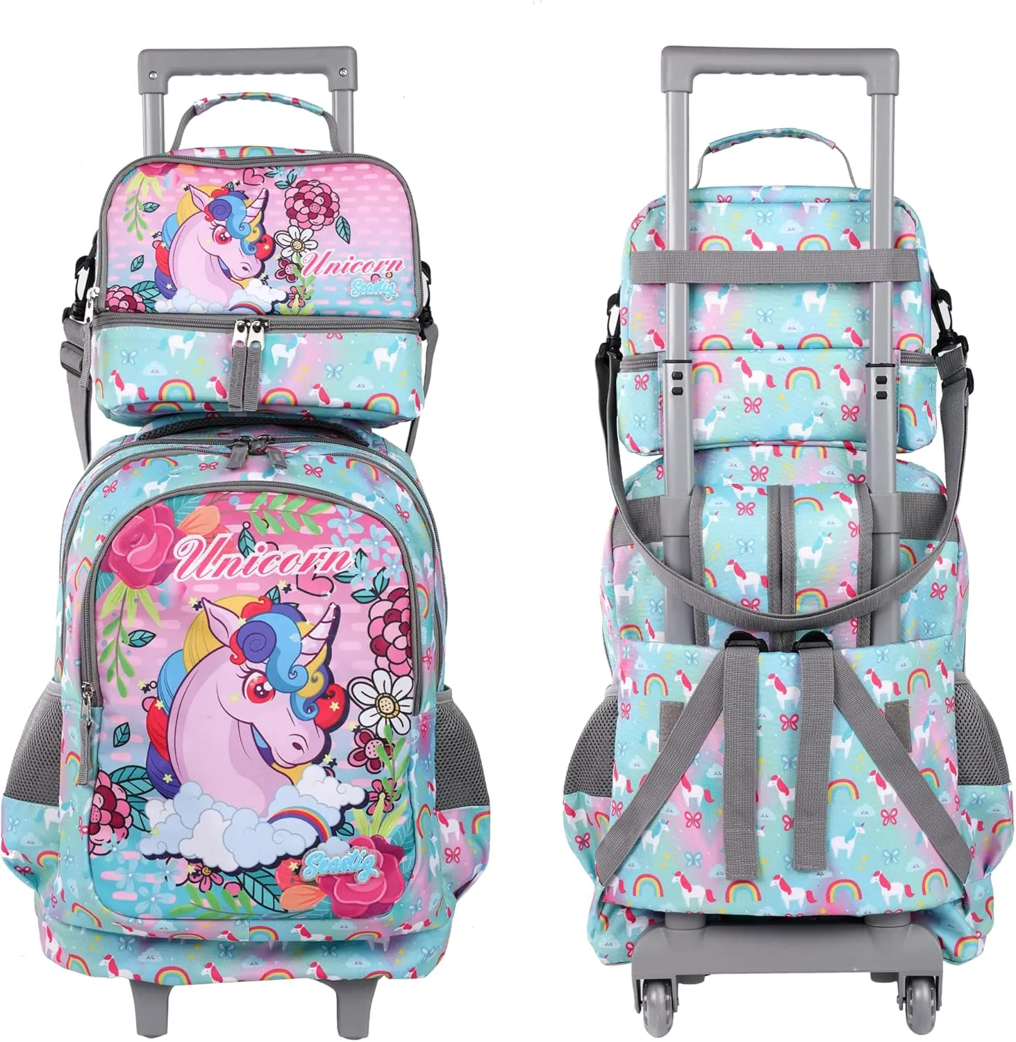 seastig Rolling Backpack 18in Double Handle Backpack Kids Wheeled Backpack Roller Backpack with Lunch Bag Set Girls Boys