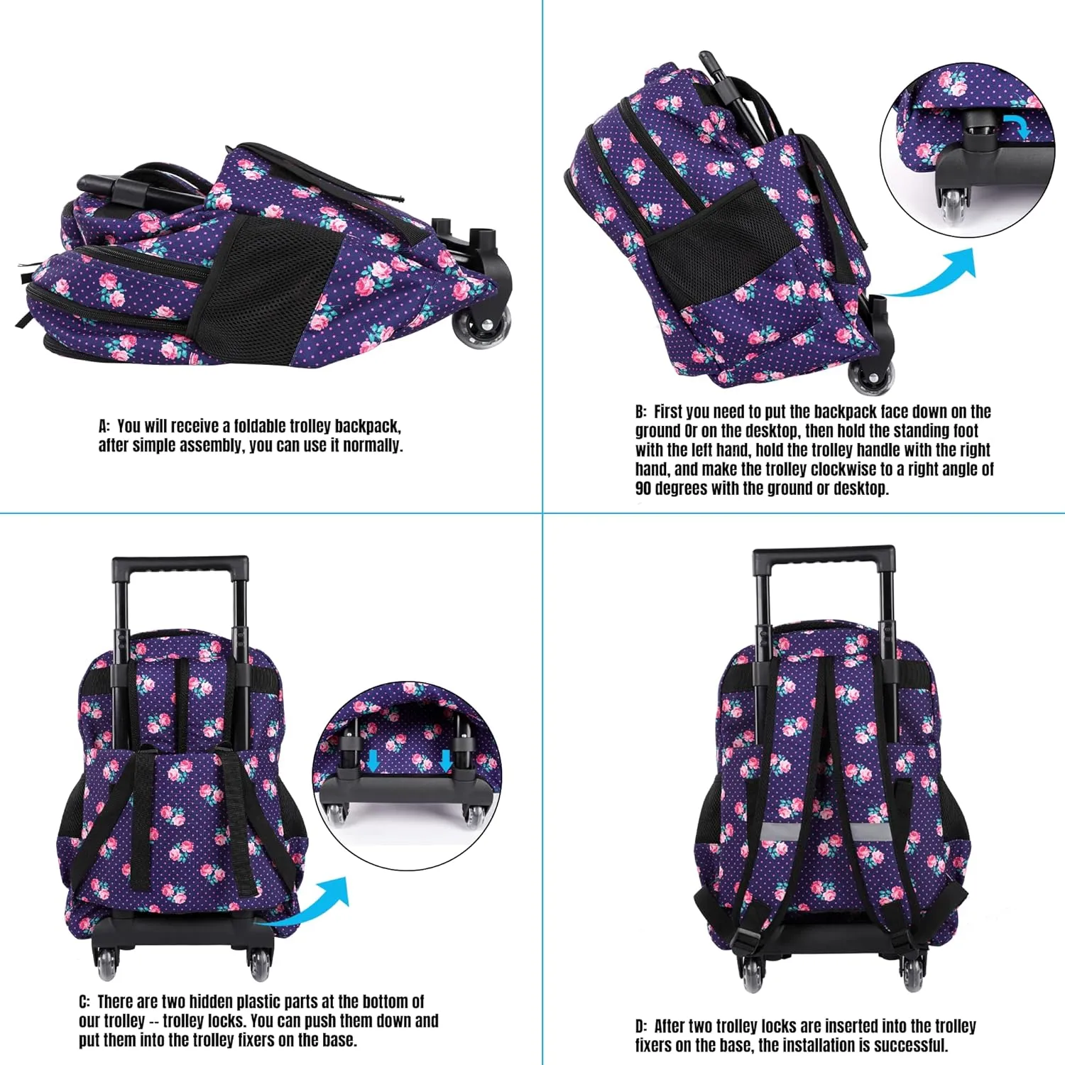 seastig Rolling Backpack for Kids Wheeled Backpack 18in Double Handle Backpack with Wheels