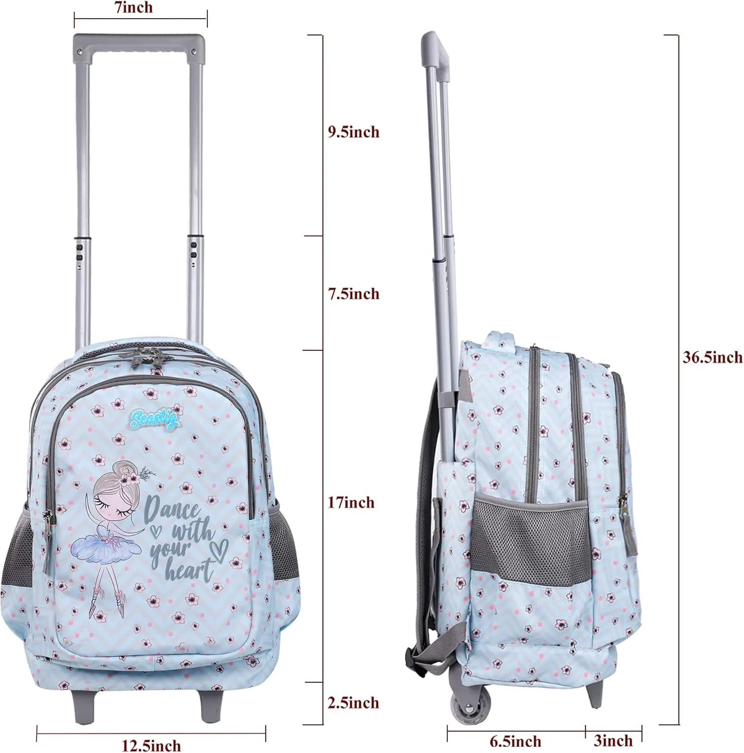 seastig Rolling Backpack for Kids Wheeled Backpack 18in Double Handle Backpack with Wheels
