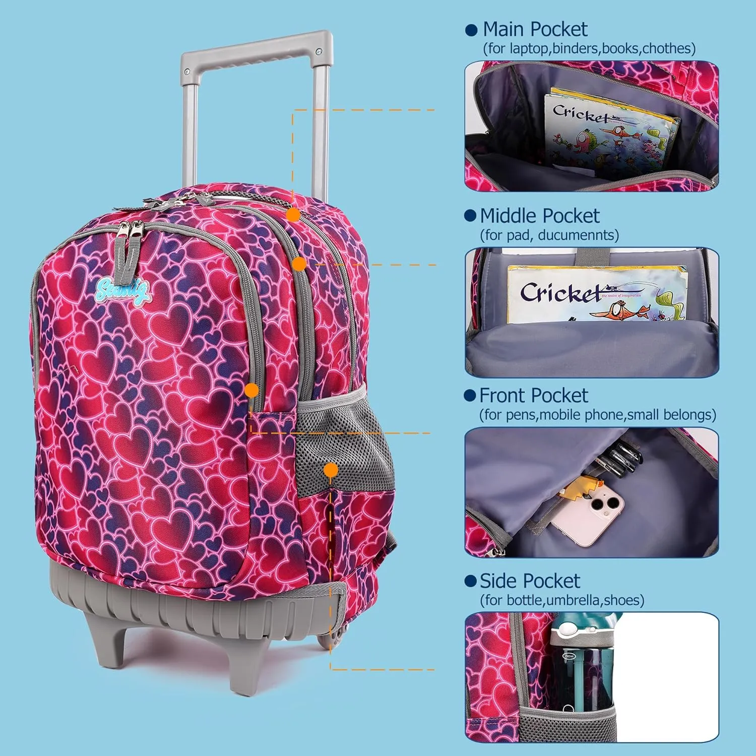 seastig Rolling Backpack Girls Boys 18in Wheeled Backpack Kids Backpack with Wheels School Travel Bag