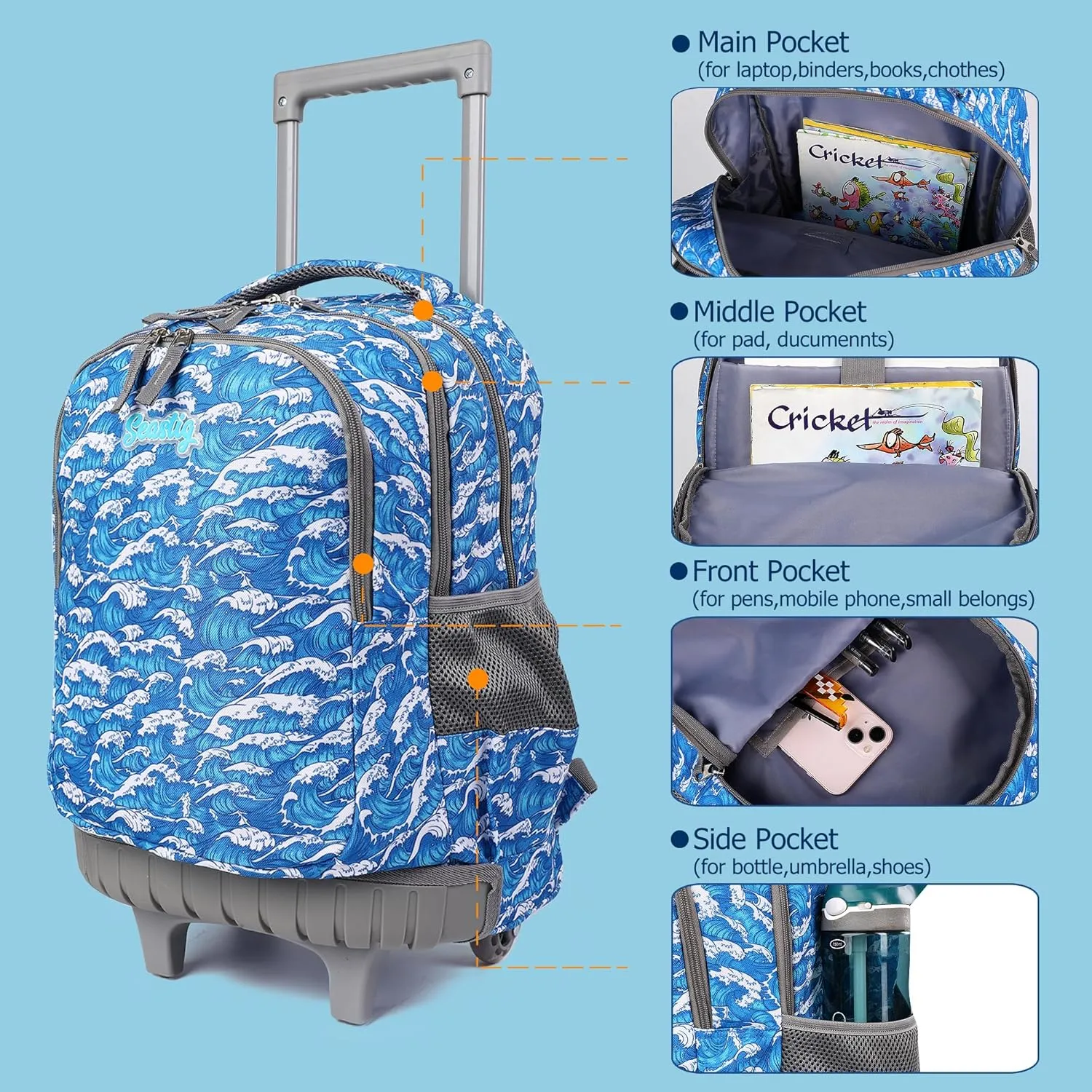 seastig Rolling Backpack Girls Boys 18in Wheeled Backpack Kids Backpack with Wheels School Travel Bag