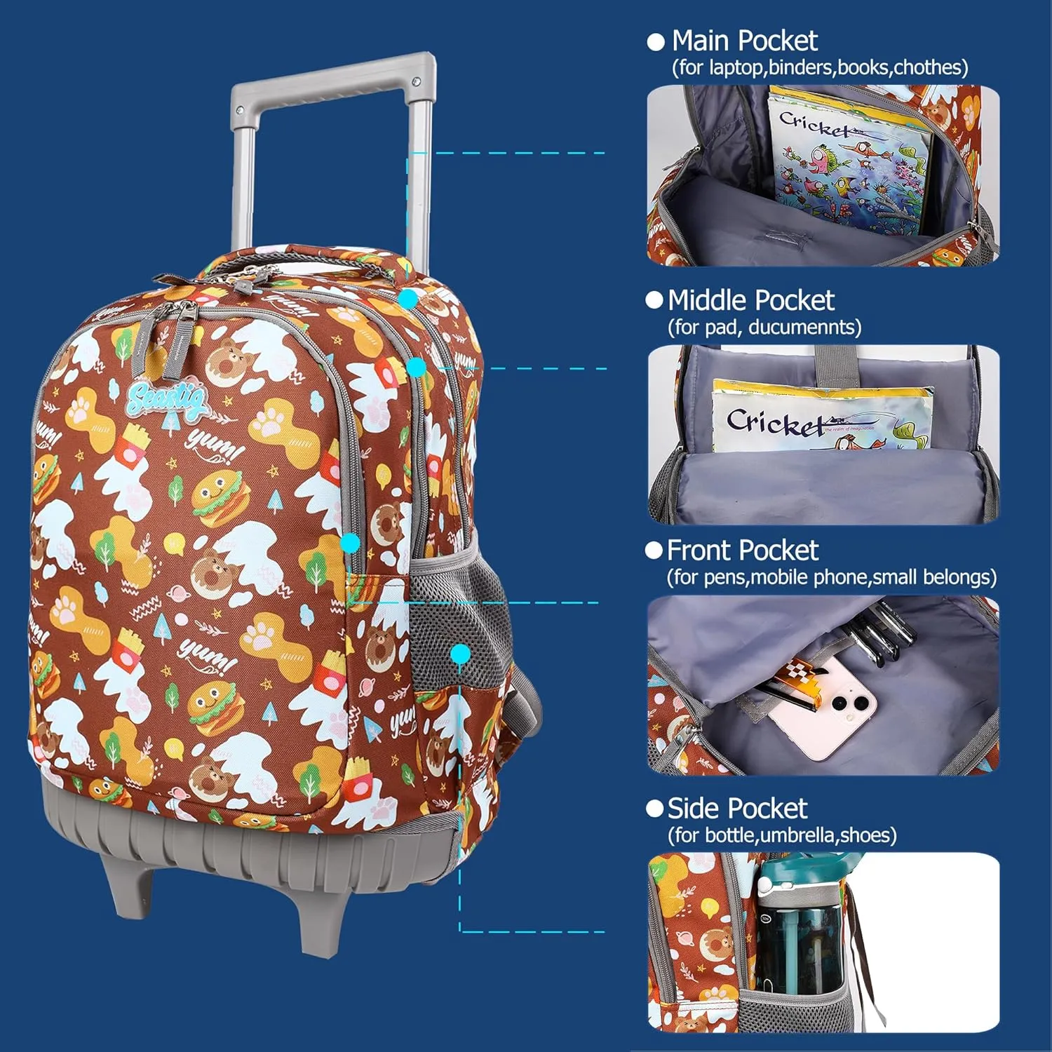 seastig Rolling Backpack Girls Boys 18in Wheeled Backpack Kids Backpack with Wheels School Travel Bag