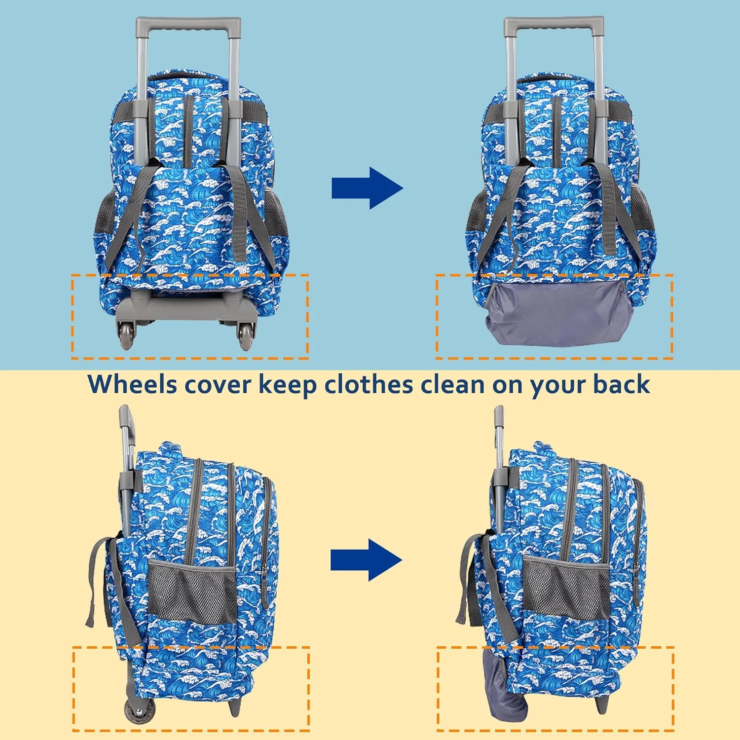 seastig Rolling Backpack Girls Boys 18in Wheeled Backpack Kids Backpack with Wheels School Travel Bag