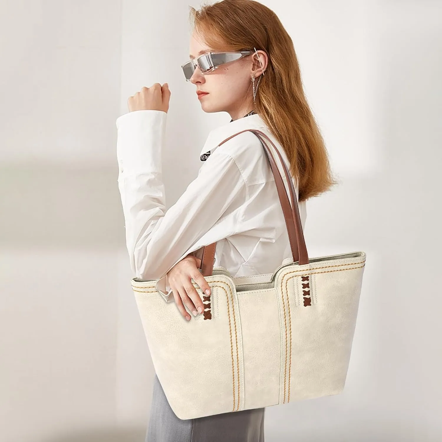 SENDEFN Leather Tote Bag for Women Work Shoulder Bag Large Top Handle Handbags and Ladies Travel Purse with Zipper Pocket