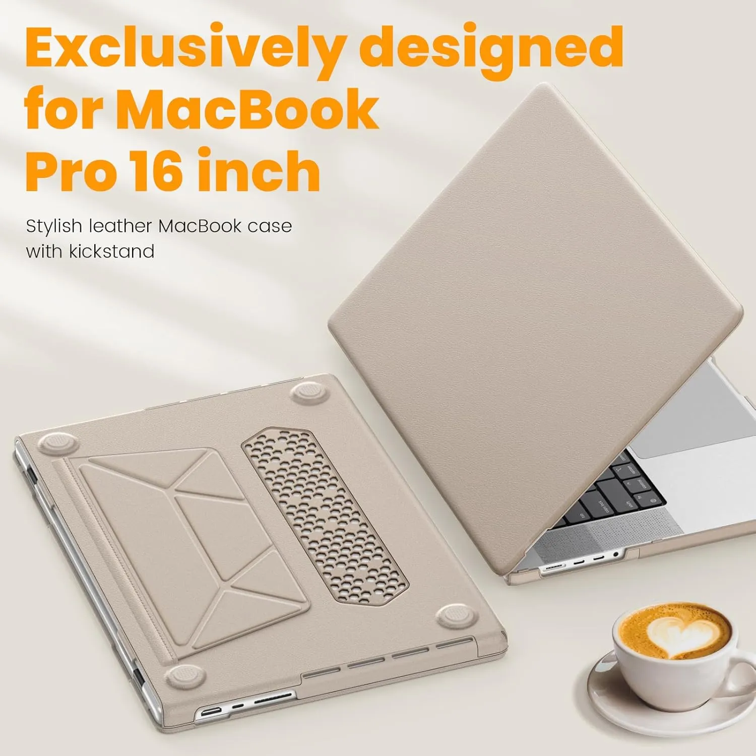 SEYMAC stock Case for MacBook Pro 16 inch 2024-2021 A3403 A3186 A2991 A2780 A2485 M4-M1, Shock-Absorbing Protection Case with Magnetically-Folio Stand &Mouse Pad/Bag (Leather-Like Color Gold)
