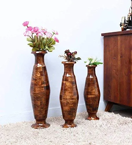 Shagun Arts Wood Flower Vases Set (Standard, Walnut Brown)