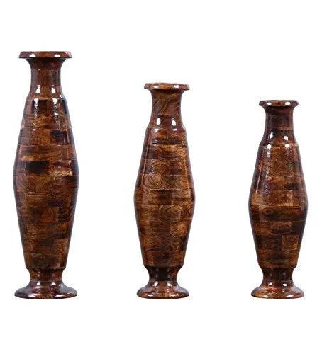 Shagun Arts Wood Flower Vases Set (Standard, Walnut Brown)