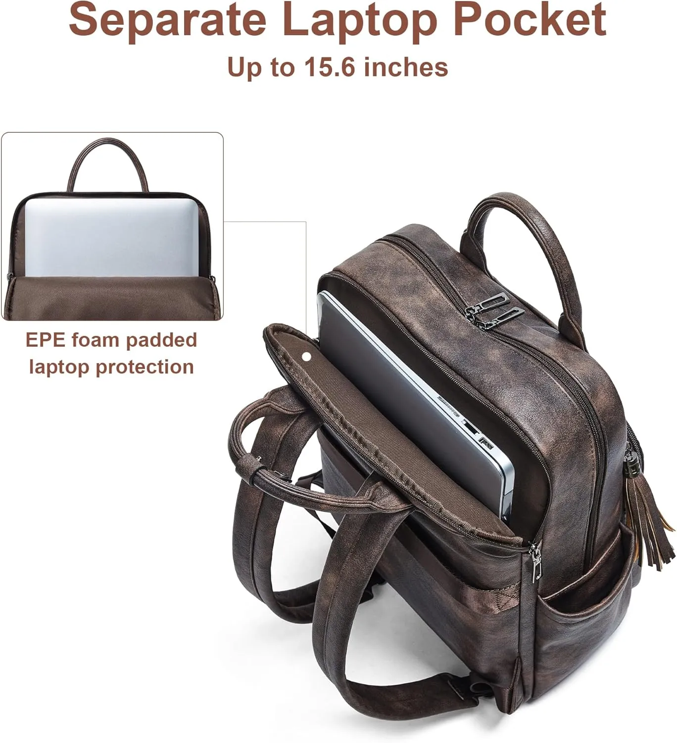 Shrrie Laptop Backpack for Women 15.6 inch Travel Leather Backpack Purse Work Computer Backpacks for Business College Coffee
