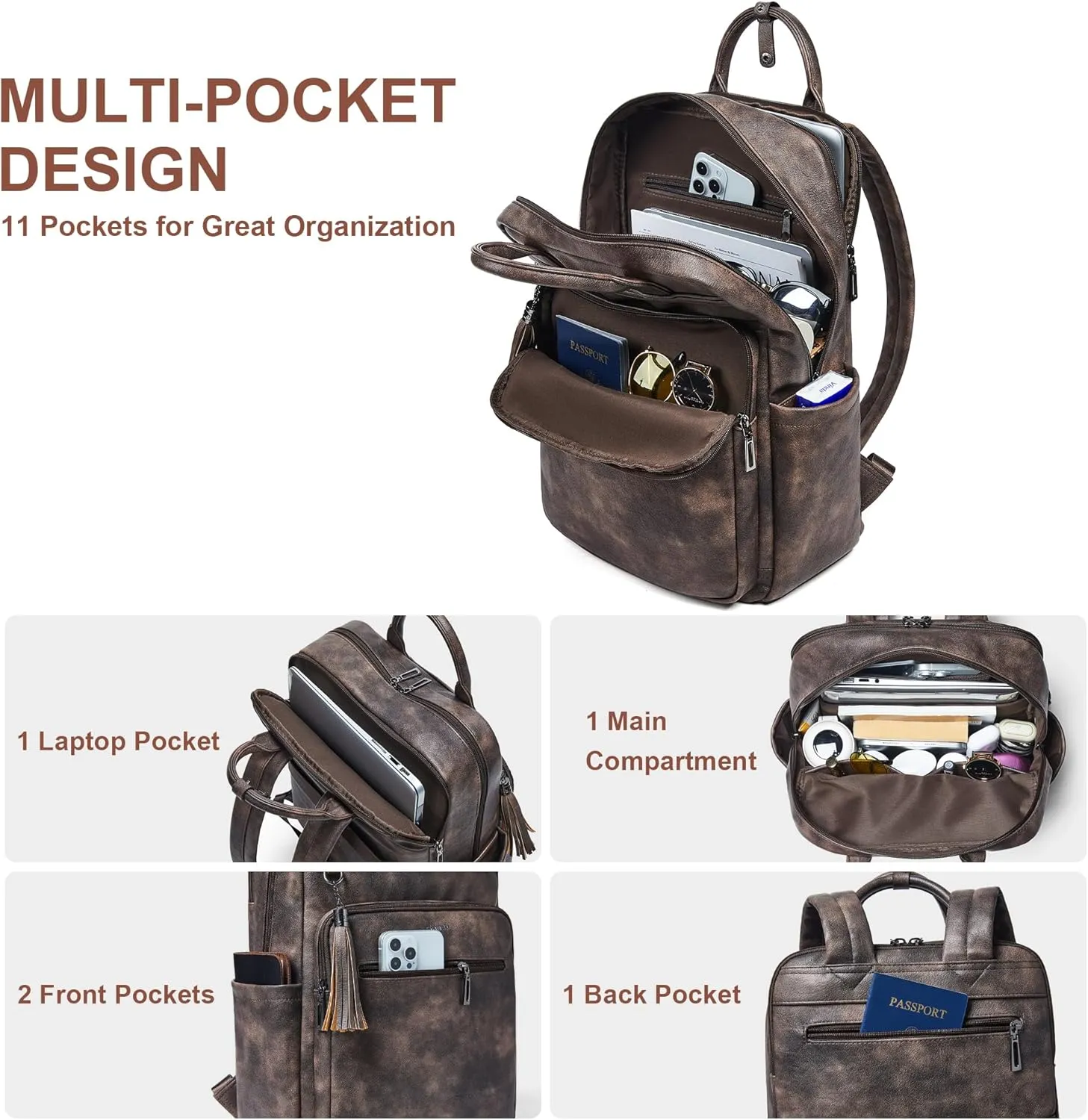 Shrrie Laptop Backpack for Women 15.6 inch Travel Leather Backpack Purse Work Computer Backpacks for Business College Coffee