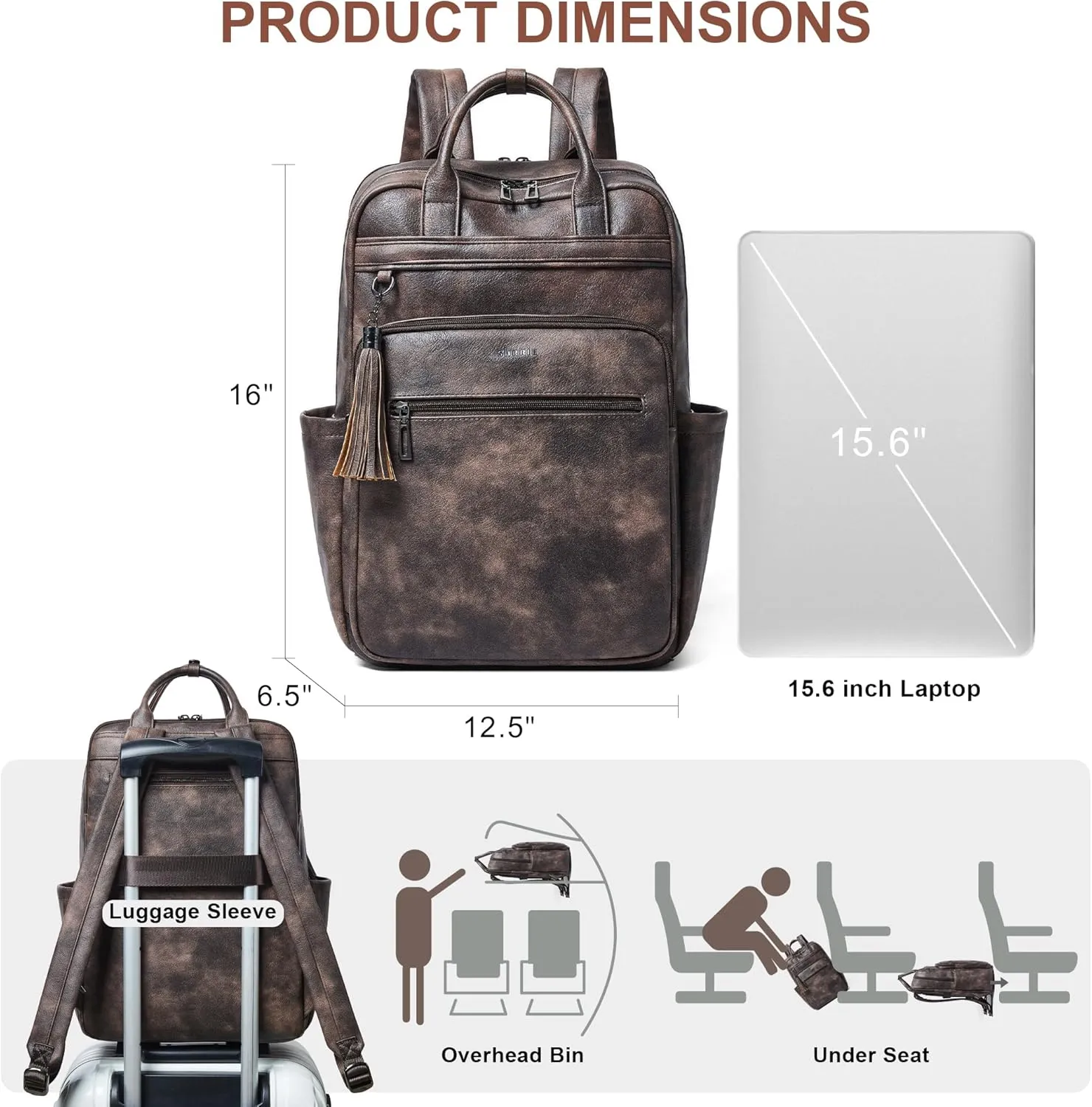 Shrrie Laptop Backpack for Women 15.6 inch Travel Leather Backpack Purse Work Computer Backpacks for Business College Coffee