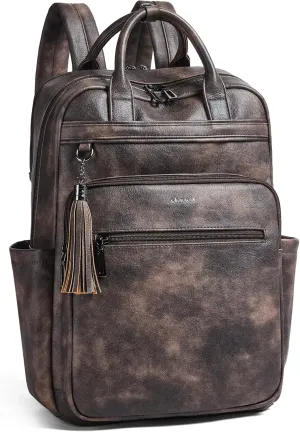 Shrrie Laptop Backpack for Women 15.6 inch Travel Leather Backpack Purse Work Computer Backpacks for Business College Coffee