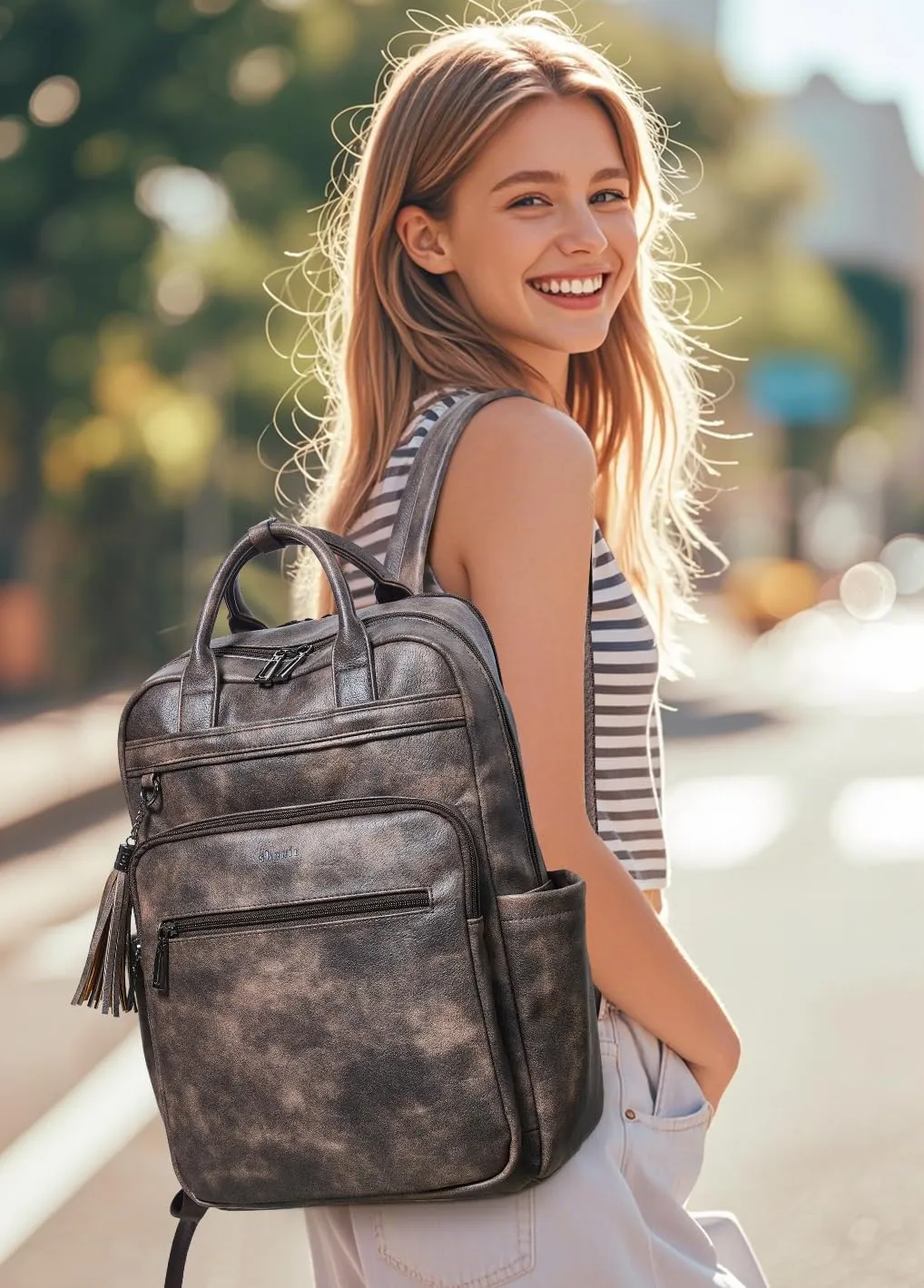 Shrrie Laptop Backpack for Women 15.6 inch Travel Leather Backpack Purse Work Computer Backpacks for Business College Coffee