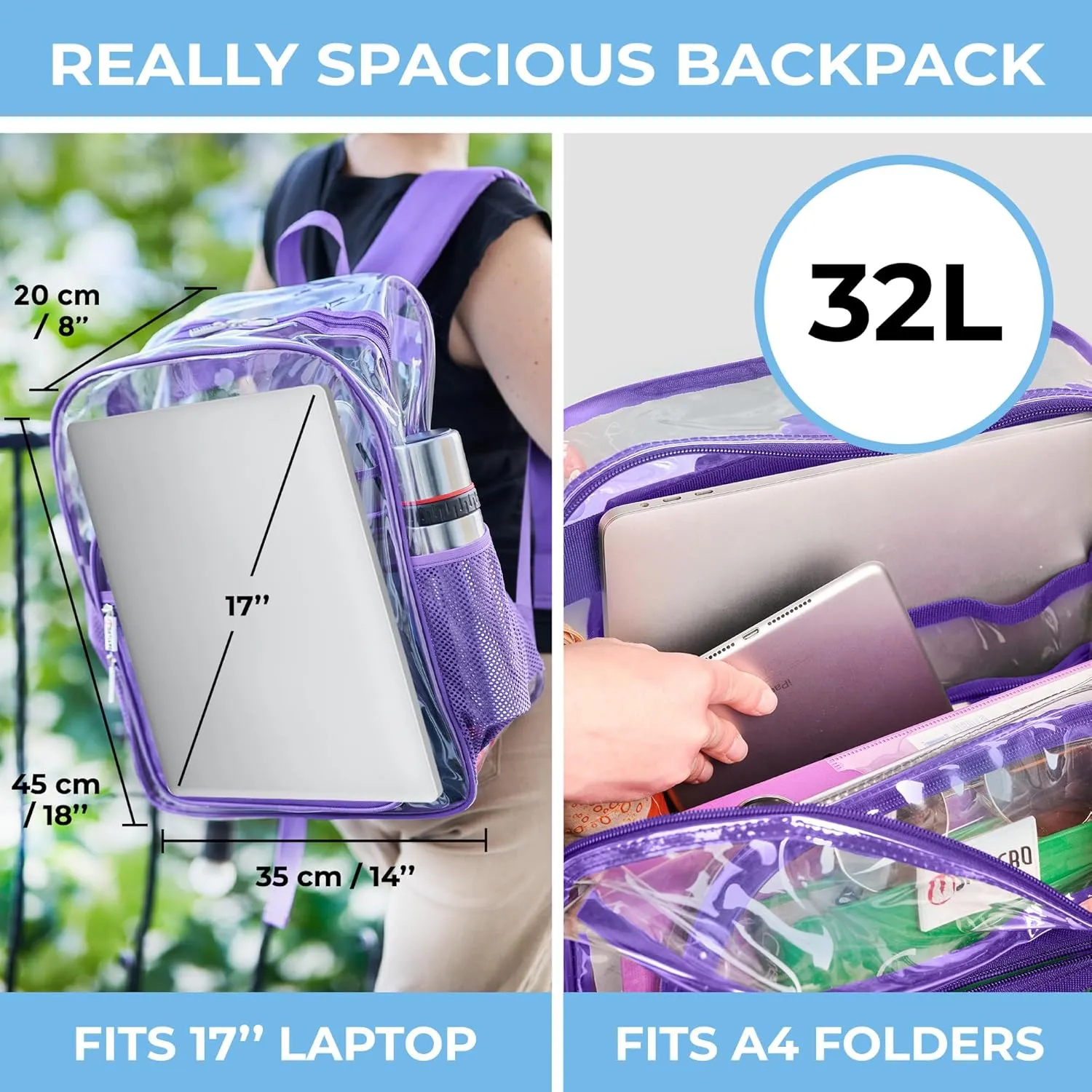SHYLERO Clear Backpack Heavy Duty has TSA Lock, 2-WAY Zipper. PVC Transparent Backpack Is Extra Large - H18''xW14''xD8 - Purple