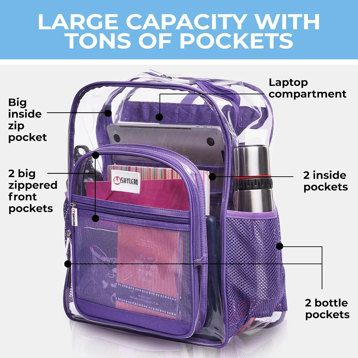 SHYLERO Clear Backpack Heavy Duty has TSA Lock, 2-WAY Zipper. PVC Transparent Backpack Is Extra Large - H18''xW14''xD8 - Purple
