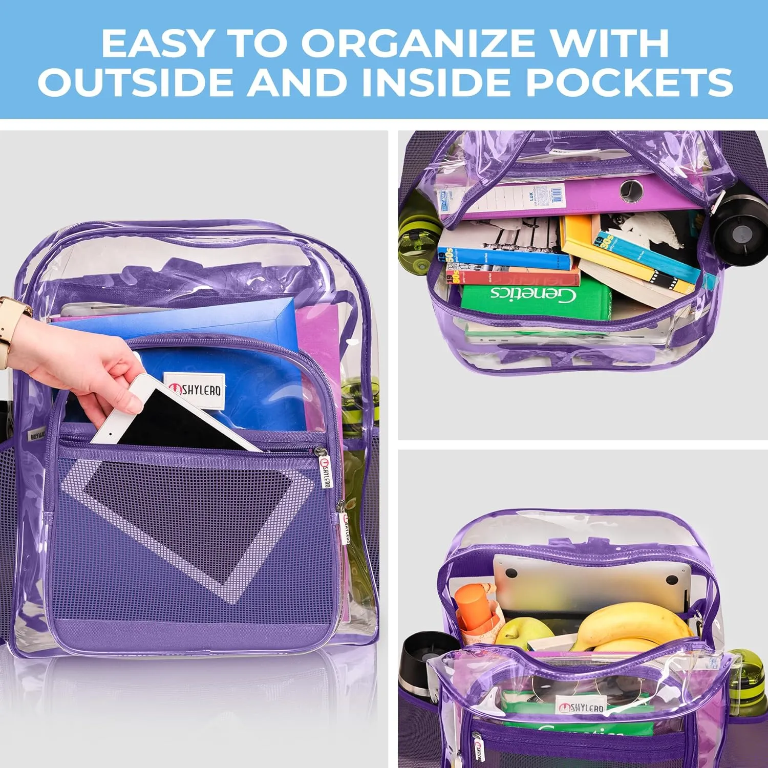 SHYLERO Clear Backpack Heavy Duty has TSA Lock, 2-WAY Zipper. PVC Transparent Backpack Is Extra Large - H18''xW14''xD8 - Purple