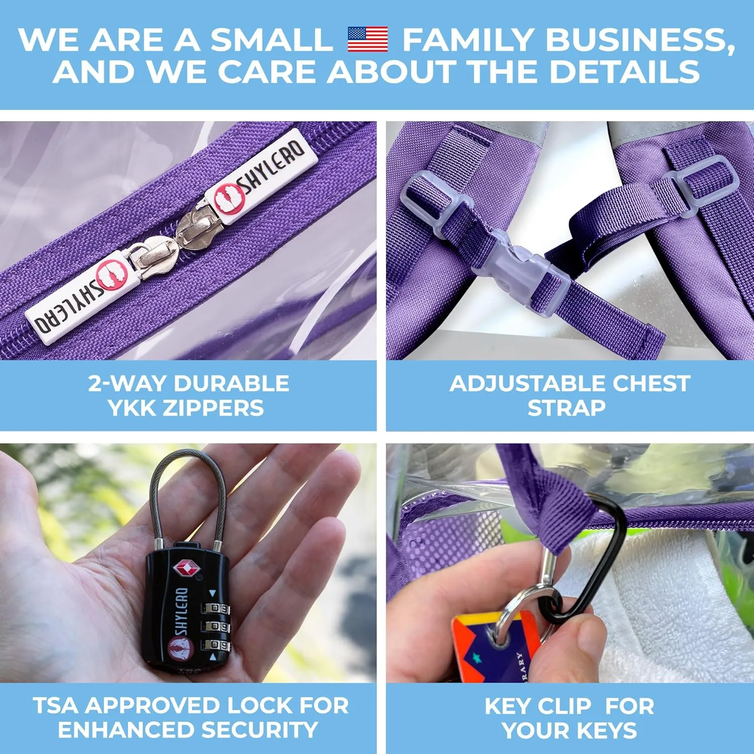 SHYLERO Clear Backpack Heavy Duty has TSA Lock, 2-WAY Zipper. PVC Transparent Backpack Is Extra Large - H18''xW14''xD8 - Purple