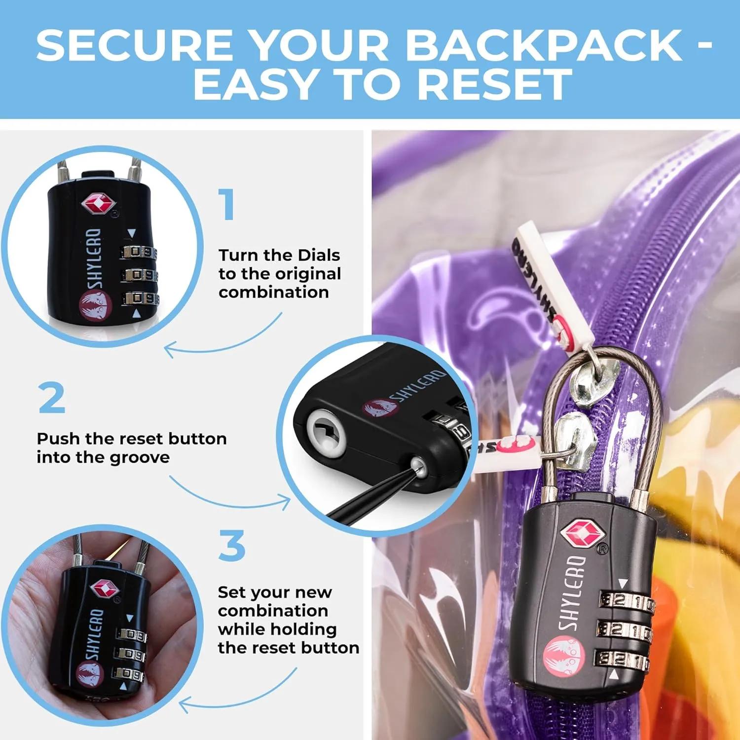 SHYLERO Clear Backpack Heavy Duty has TSA Lock, 2-WAY Zipper. PVC Transparent Backpack Is Extra Large - H18''xW14''xD8 - Purple