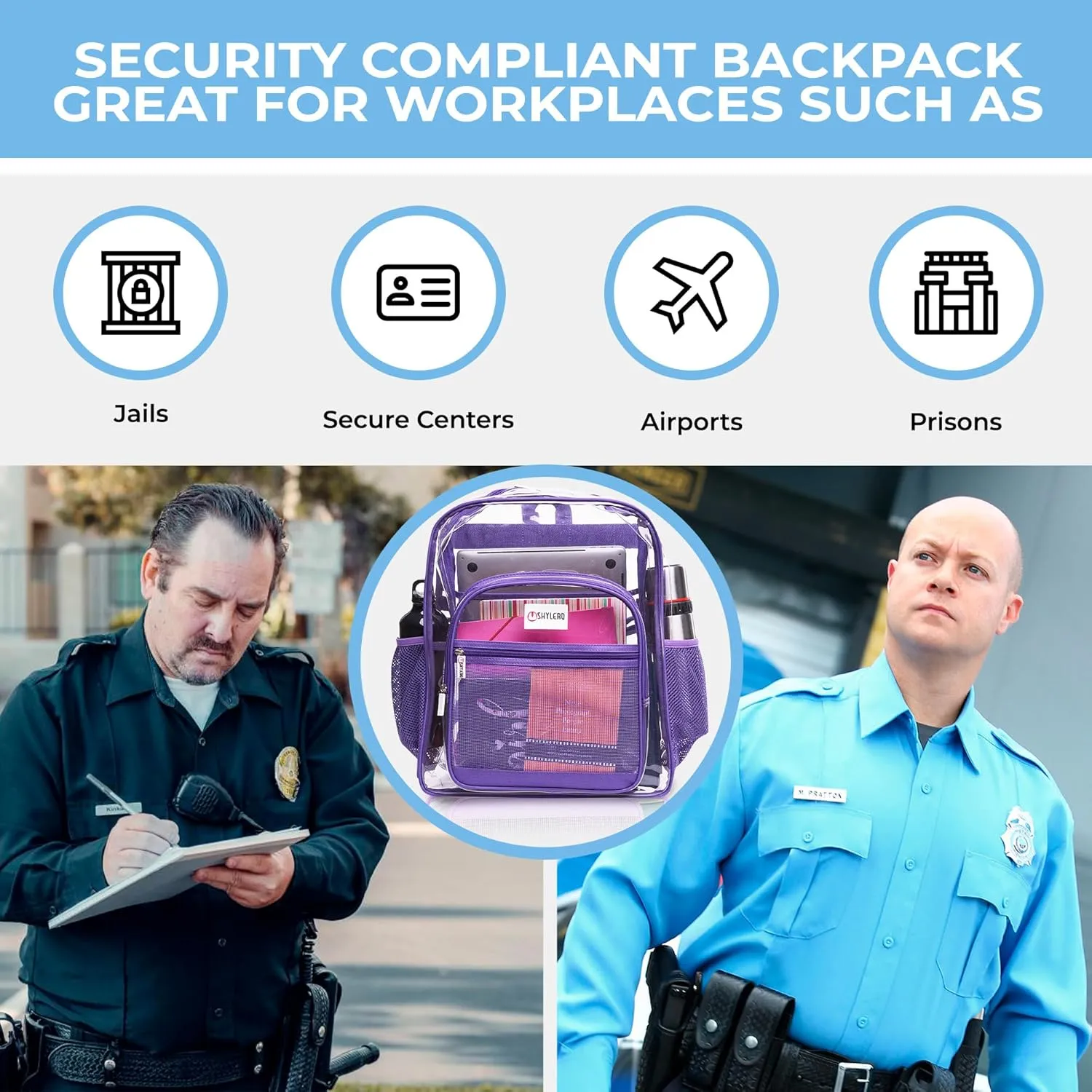 SHYLERO Clear Backpack Heavy Duty has TSA Lock, 2-WAY Zipper. PVC Transparent Backpack Is Extra Large - H18''xW14''xD8 - Purple