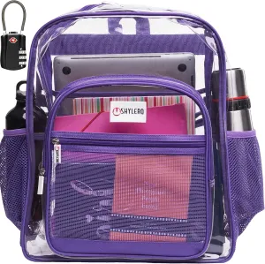 SHYLERO Clear Backpack Heavy Duty has TSA Lock, 2-WAY Zipper. PVC Transparent Backpack Is Extra Large - H18''xW14''xD8 - Purple