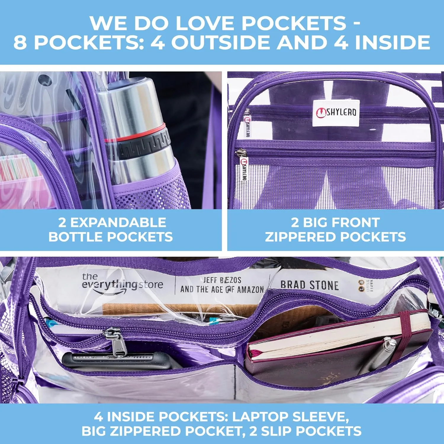 SHYLERO Clear Backpack Heavy Duty has TSA Lock, 2-WAY Zipper. PVC Transparent Backpack Is Extra Large - H18''xW14''xD8 - Purple