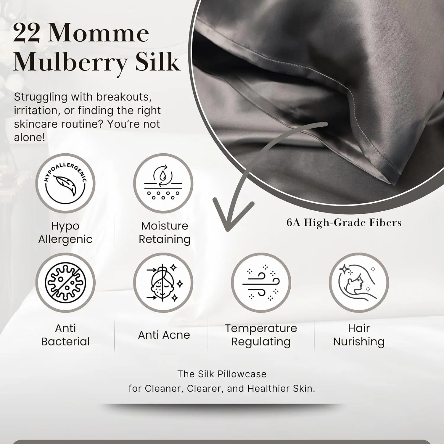 Sillo Silk Pillow Cases 2 Pack with Wash Bag – Silver-Infused Anti-Acne Pillow Cases for Acne-Prone Skin, 22 Momme 6A Mulberry Silk for Hair & Skin, Hypoallergenic, Queen (Charcoal Grey)