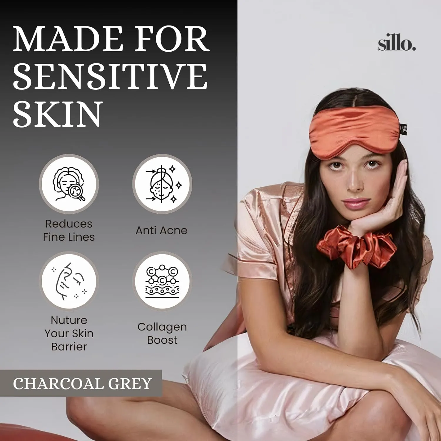 Sillo Silk Pillow Cases 2 Pack with Wash Bag – Silver-Infused Anti-Acne Pillow Cases for Acne-Prone Skin, 22 Momme 6A Mulberry Silk for Hair & Skin, Hypoallergenic, Queen (Charcoal Grey)