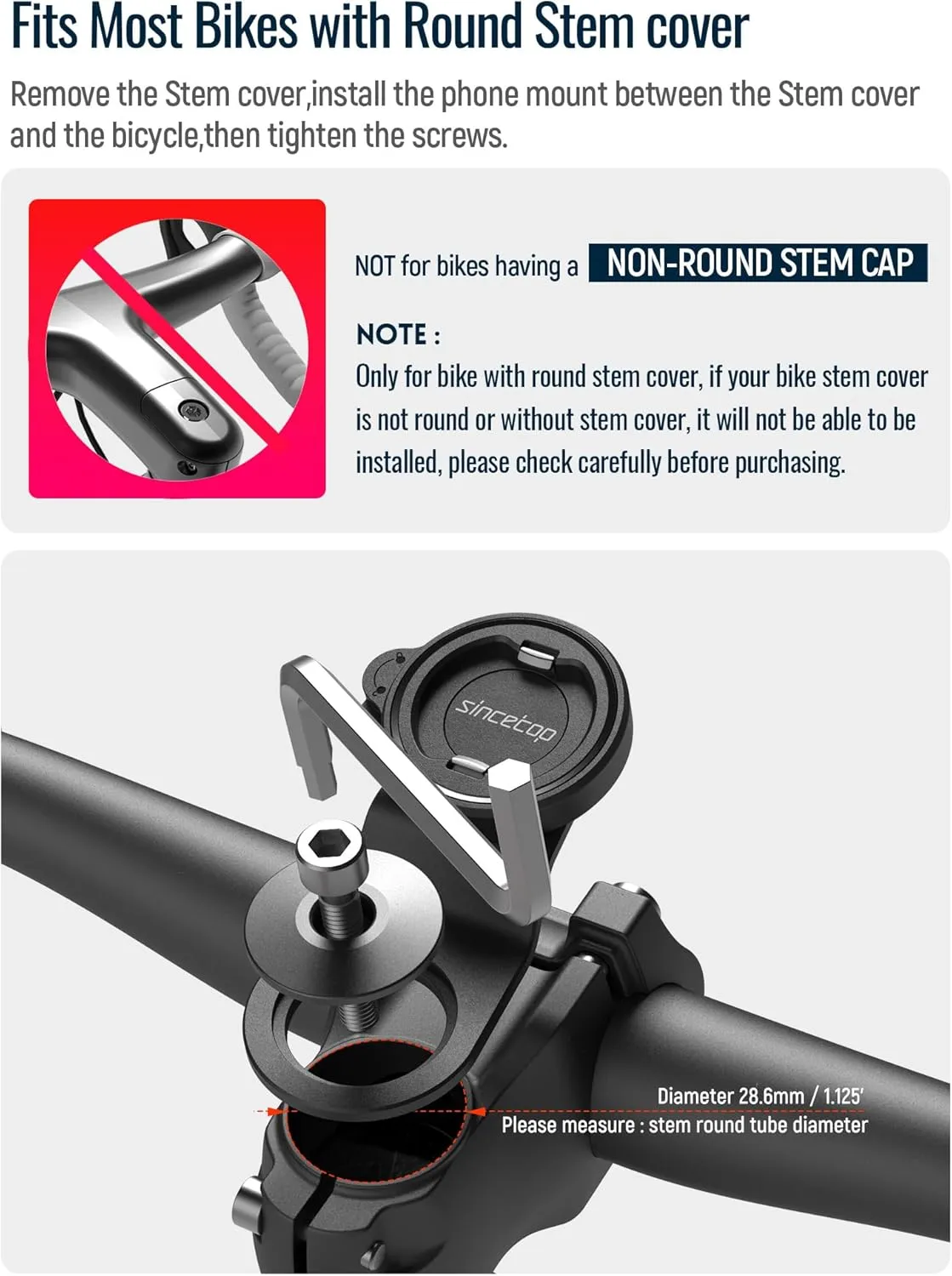 sincetop Bike Phone Mount,Mountain Bicycle Stem Phone Holder,Aluminum Handlebar Cell Phone Clamp,Gravel/MTB/Road E-Bike Cycling Cell Phone Clip,Quick Release Attach/Detach-Black【Series C-1st Gen】