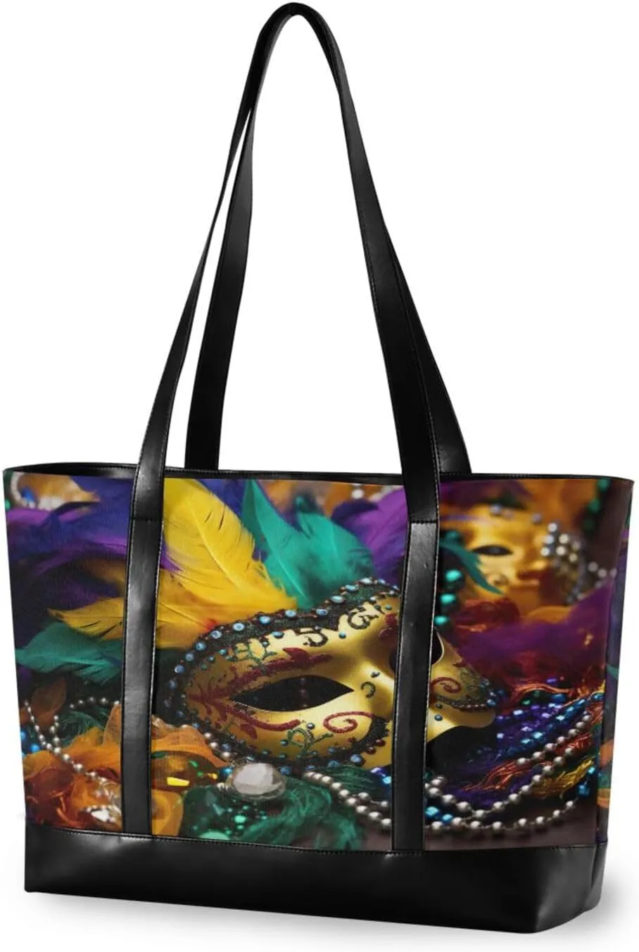 Sinestour Mask Tote Bag with Zipper Work Shoulder Handbag with Compartments Canvas Tote Purse for Women Travel Ladies