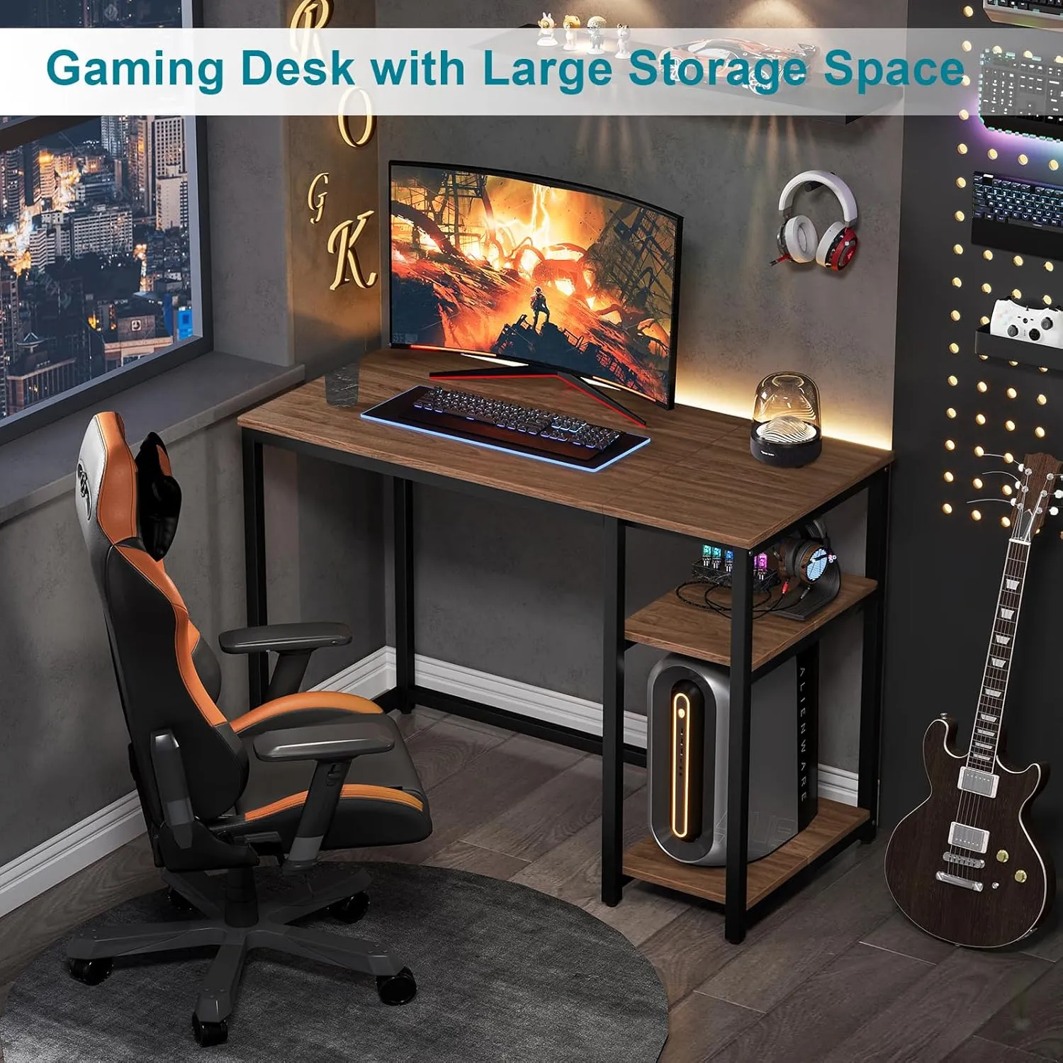 SINPAID Computer Desk 40 inch with 2 Shelves, Sturdy Home Office Desk with Large Storage Space, Modern Gaming Desk, Study Writing Laptop Desk(Brown,40 inch)