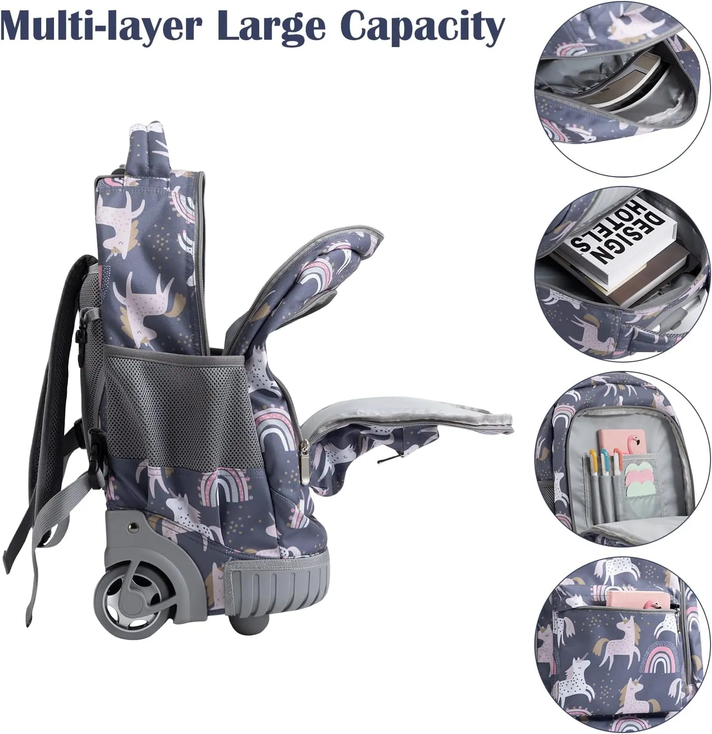 SKYMOVE 18 inches Wheeled Rolling Backpack for Boys and Girls Multi-Compartment School Students Books Laptop Trolley Bag Short Trip Carry-on, Dark Gray Unicorn